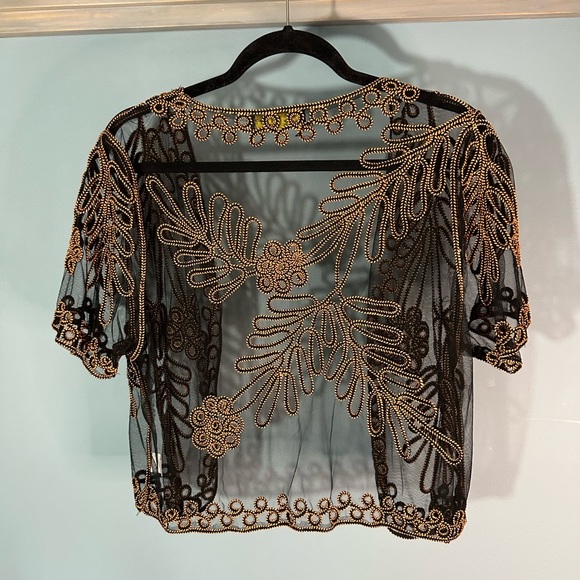 Sheer Open Front Special Occassion Cardigan with Gold/Black Embroidery - Picture 5 of 8